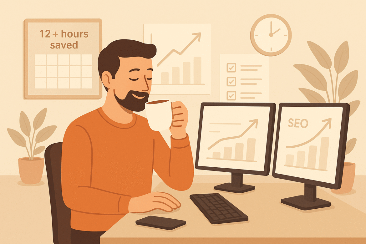 Freelancer checking SEO performance charts at a calm home workspace, representing time saved by hiring a Fiverr SEO writer