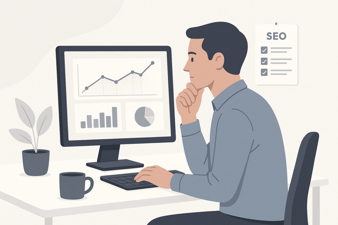 Illustration of a content creator improving blog SEO performance with expert guidance, symbolizing common blog mistakes fixed through Fiverr